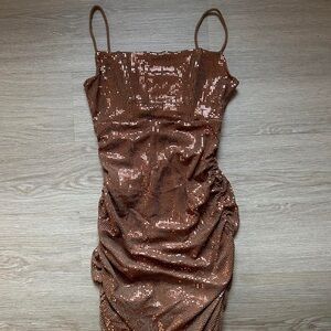 Bronze Sequined Ruched Party Dress